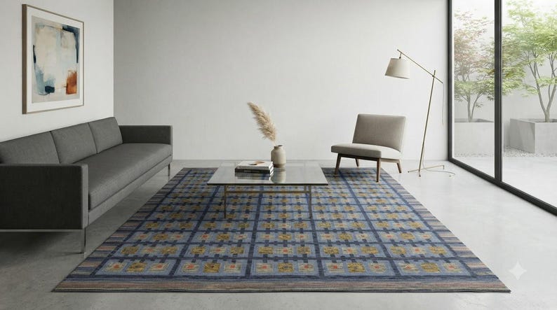 Op de afbeelding: Een groot rechthoekig vloerkleed met een herhalend rasterpatroon in tinten blauw, grijs en gedempt geel. Het ontwerp bestaat uit donkerblauwe kruisende lijnen die vierkanten vormen, elk met een centraal geel en oranje geometrisch motief.