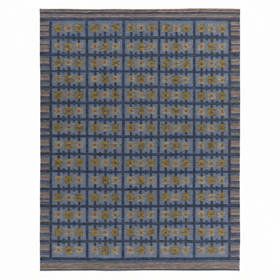 Nordic Grid Kilim – Handwoven Flatweave Rug in Slate Blue & Mustard Gold with Geometric Panel Design