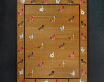 Handwoven Cotton Area Rug, Indian Flatweave Bird Pattern Handmade Vegetable Dyed Reversible Dhurrie Carpet For Floor Décor