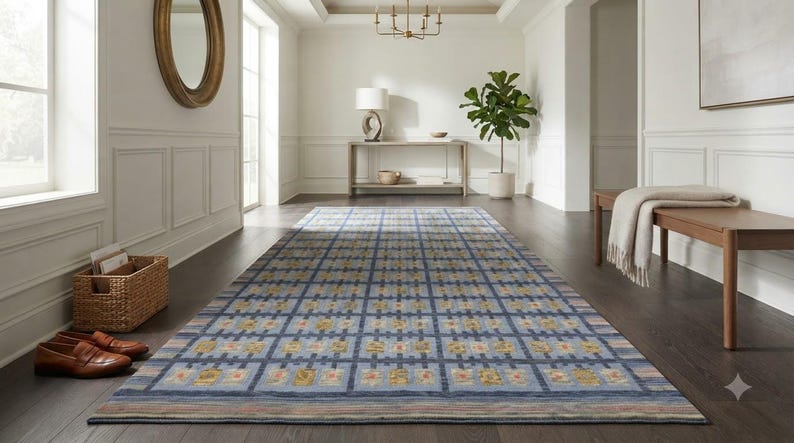 Op de afbeelding: Een rechthoekig vloerkleed met een rasterpatroon van donkerblauwe lijnen op een lichtblauwe achtergrond, met herhalende gele en oranje bloemachtige motieven in elk vierkant, afgewerkt met horizontaal gestreepte randen aan de uiteinden.