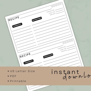 Printable Black and White Recipe Cards | Minimalist Kitchen Keepsake (Digital Download)