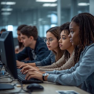 May include: A group of individuals sitting at a desk in a row, each focused on a computer monitor and typing on a black keyboard. The scene shows multiple people engaged in digital tasks, with computer equipment visible on the workspace surface.