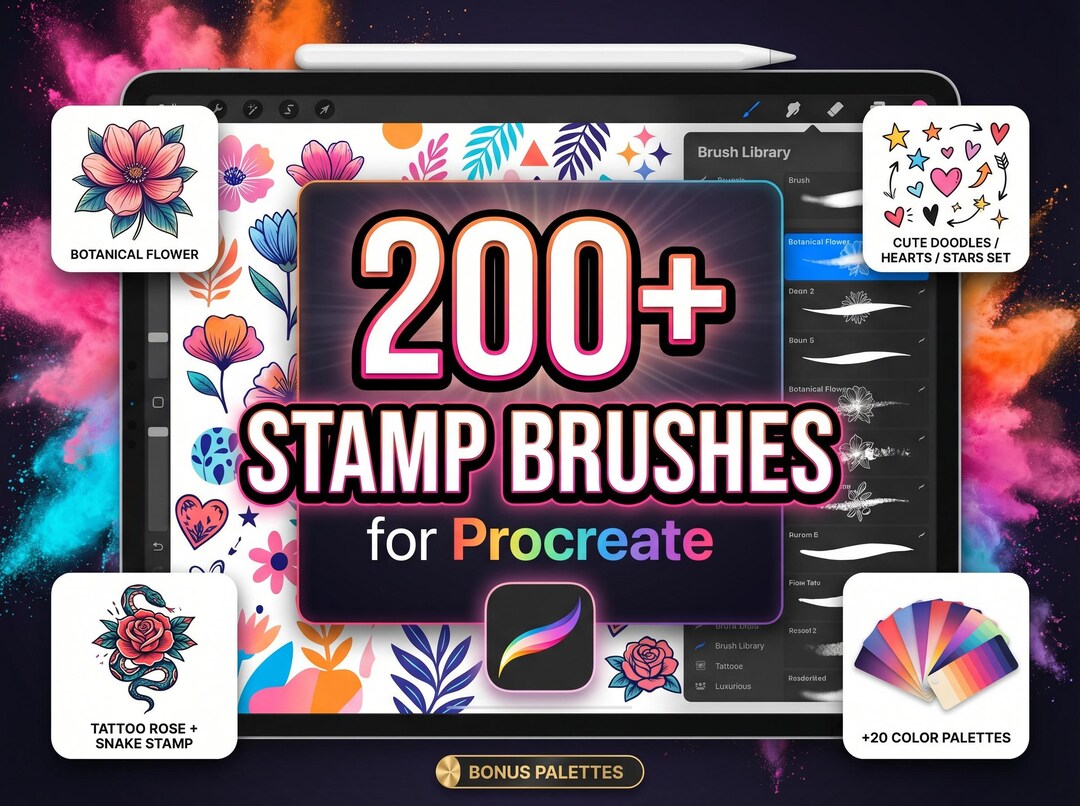 200+ Procreate Stamp Brushes Bundle, Botanical Tattoo Doodle Brushes ...