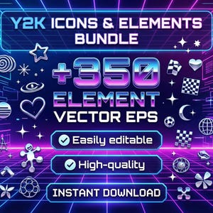 May include: A digital graphic with a retro Y2K theme. The image features the text "Y2K Icons & Elements Bundle" and "+350 Element Vector EPS". Various icons, including stars, hearts, and a globe, are scattered across a neon grid background. The image also includes the text "Easily editable", "High-quality", and "Instant Download".