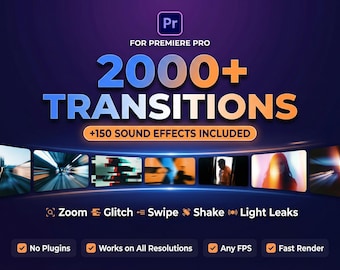 2000+ Premiere Pro Transitions Pack + Sound Effects | Video Editing Presets, Zoom Glitch Swipe Effects, No Plugin