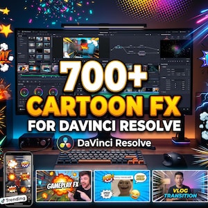 Può includere: Immagine promozionale di 700+ Cartoon FX per DaVinci Resolve. L'immagine presenta un monitor con software di editing video, uno smartphone e vari effetti visivi in stile fumetto, come "BOOM!" e "POP!"