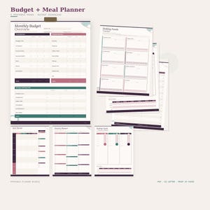 May include: A collection of printable budget and meal planner pages. The pages feature a Monthly Budget Overview, Sinking Funds Tracker, Meal Planner, Grocery Planner, and Savings Goals. The color scheme includes shades of purple, green, and white.
