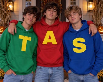 Sudadera divertida de grupo de amigos de las Ardillas / Camiseta de disfraz de Halloween y Acción de Gracias de las Ardillas, Sudaderas con capucha con la letra A roja, la letra T verde y la letra S azul.