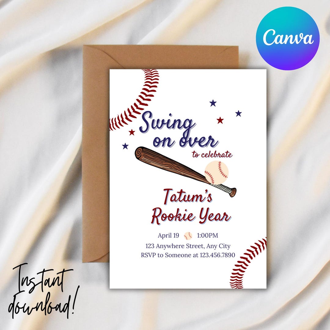 Baseball Rookie Year First Birthday Invitation, Editable Canva Template ...
