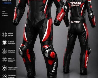 Titan Gears Red & Black Custom One-Piece Motorcycle Racing Suit | Premium Leather Track Suit | Customizable MotoGP Style Suit