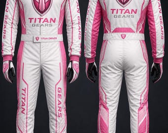 Customisable Pink And White Titan Kart Racing Suits, Free Mockup Designs, Design Your Own Dream Titan Suits. All Sizes And Designs