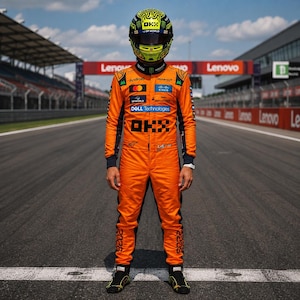 May include: A bright orange racing suit featuring black side panels and various sponsor logos including OKX, Android, and Dell Technologies. The suit is paired with a matching yellow and black racing helmet with a dark visor and a graphic pattern.