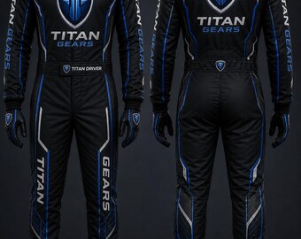 Trajes de carreras Titan Kart azules y negros personalizables, diseños de muestra gratuitos, diseña el traje Titan de tus sueños. Todos los tamaños y diseños.