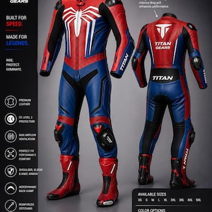 May include: A red, white, blue, and black racing suit with the text "TITAN GEARS" and "BUILT FOR SPEED". The suit features an aerodynamic back hump, reinforced stitching, and knee armour. Available in sizes XS to 5XL.