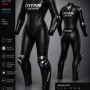 May include: Black leather racing suit with the "TITAN GEARS" logo. Features include shoulder, elbow, and knee armor, an aerodynamic back hump, and reinforced stitching. The suit is designed for speed and performance.