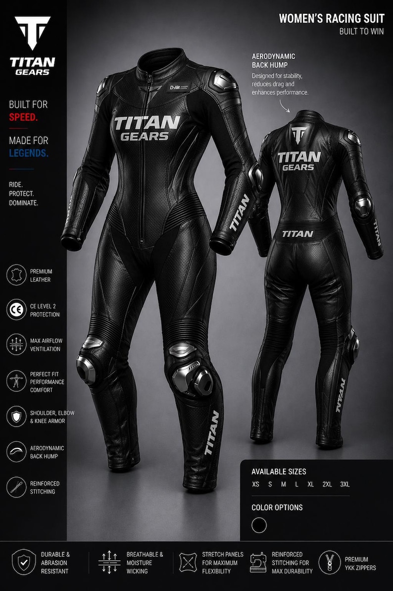 May include: Black leather racing suit with the "TITAN GEARS" logo. Features include shoulder, elbow, and knee armor, an aerodynamic back hump, and reinforced stitching. The suit is designed for speed and performance.