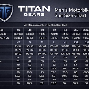 May include: A size chart for men's motorbike suits, with measurements in centimeters. The chart includes sizes from XS to 4XL, with corresponding measurements for chest, waist, hip, shoulder, sleeve length, and other dimensions.