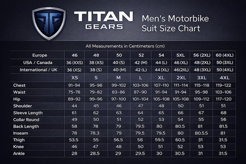 May include: A size chart for men's motorbike suits, with measurements in centimeters. The chart includes sizes from XS to 4XL, with corresponding measurements for chest, waist, hip, shoulder, sleeve length, and other dimensions.
