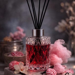 Sugar Flame Reed Diffuser, Sweet Luxury Home Fragrance, Red Glass Bottle
