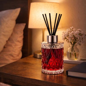 May include: A decorative glass diffuser with a red liquid and black reeds. The clear glass has a diamond pattern. The diffuser sits on a wooden nightstand next to a lamp, a small vase of flowers, and a book.