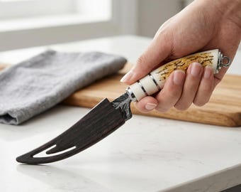 Hand Forged Damascus Cleaver Knife – Feather Pattern Blade, Faux Bone Handle, Meat Slicing Tool