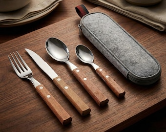 Portable Stainless Steel Utensils, Wooden Handle Flatware Set with Case