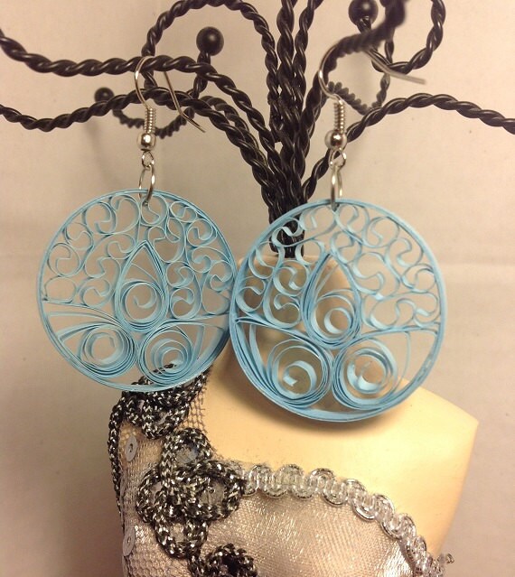 Items similar to Quilled Paper Blue Satin Earrings Round Pierced Clip