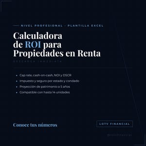 Könnte beinhalten: Eine dunkelblaue digitale Excel-Vorlage zur Berechnung des ROI für Mietobjekte. Der Text enthält 'Calculadora de ROI para Propiedades en Renta', 'Nivel Profesional', 'Descarga Inmediata' sowie Funktionen wie Cap Rate, Cash-on-Cash, NOI, DSCR und 5-Jahres-Prognosen.