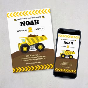 Invitación de cumpleaños de construcción, invitación a fiesta de camiones de volteo (descarga digital)