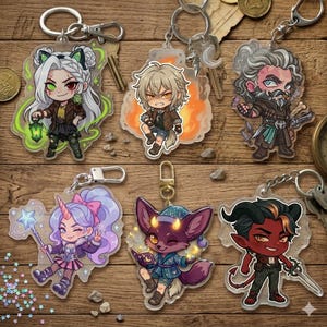 May include: A collection of six acrylic character keychains. Each keychain features a unique anime-style character design with vibrant colors and intricate details. The keychains are attached to silver-colored metal key rings.