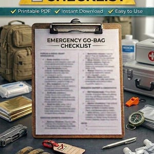 Puede incluir: Un portapapeles con una "LISTA DE VERIFICACIÓN DE LA BOLSA DE EMERGENCIA" está rodeado de suministros de emergencia. La lista de verificación está impresa en papel blanco. Los artículos incluyen una mochila, suministros médicos, brújula, silbato y bolsas de agua.