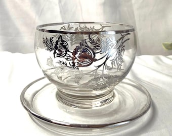 Piatto da dessert in vetro vintage con decorazioni argentate, ciotola per composta e sorbetto con motivo floreale di papaveri, piatto con piedistallo