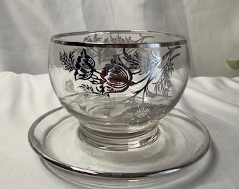 VTG Silver Overlay Footed Glass Dessert Dish Poppy Floral Compote Sherbet Bowl Pedestal Dish