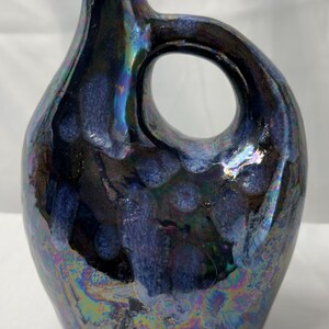 Vintage Lakeland Mfg Co Art Pottery Pitcher, Iridescent Blue Luster Glaze Ring Handle Vase