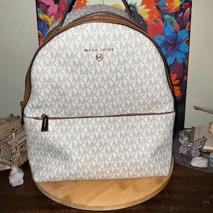 Michael Kors Brown and White MK Monogram Backpack with Pink Trim s-l400.jpg main image 2