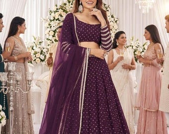 Georgette Lehenga Choli violette, tenue de fête de mariage paillettes brodées ghagra