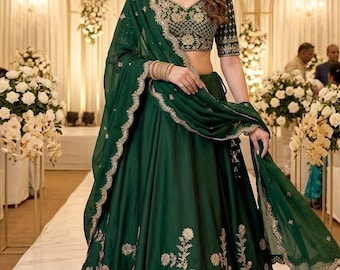 Lehenga Choli de seda verde esmeralda, Ghagra de dama de honor de boda bordada