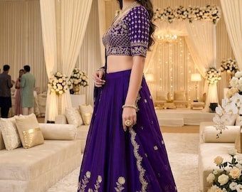 Lehenga Choli de seda púrpura, Ghagra para damas de honor de boda india, bordado Zari, costura personalizada