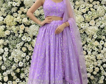 Spring Wedding Lavender Lehenga Choli Sangeet Night Outfit Floral Theme Stitched USA
