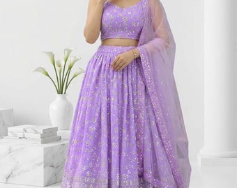 Modern minimalist lavender lehenga choli studio white background custom stitched for USA bridesmaid