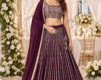 Purple Sequins Georgette Lehenga Choli | Indian Wedding Party Wear Dress | Custom Made Lehenga Ghagra Choli for Women