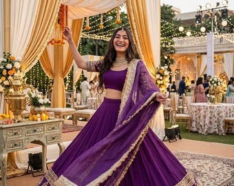 Georgette Lehenga Choli violette, broderie séquence Zari, robe d'invitée de mariage