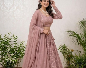 Dusty Pink Georgette Lehenga Choli, Chikankari Embroidery, Indian Wedding Guest wear