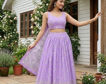 Lightweight Lavender Lehenga Choli Mehndi Outfit Indian Wedding Guest Simple Stitched USA