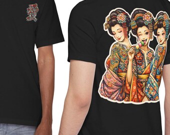 三人の芸者タトゥーアートTシャツ ヴィンテージ日本人女性イラスト漢字愛