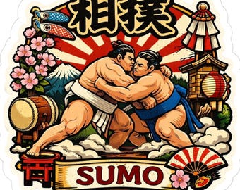 Sumo Wrestlers Kiss-Cut Sticker | Japanese Sumo Illustration, Sakura, Rising Sun