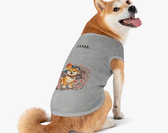 カスタム犬用タンクトップ、名前入り柴犬服、名前入りの日本の桜柄犬用シャツ、かわいいペット用アパレル、犬好きへのカスタムギフト