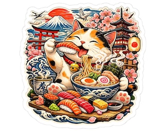 Maneki Neko Eating Ramen Sticker | Sushi Japan Cat Kiss-Cut Sticker