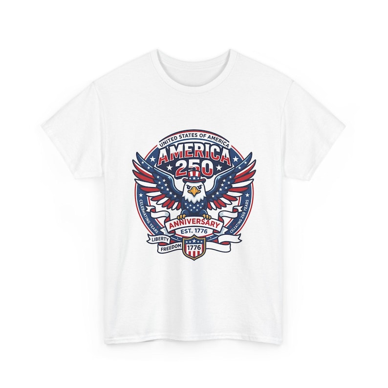 White t-shirt with America 250th Anniversary circular logo featuring an eagle.