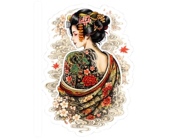 Japanese Geisha Dragon Tattoo Sticker: Ukiyo-e Sakura Vinyl Decal
